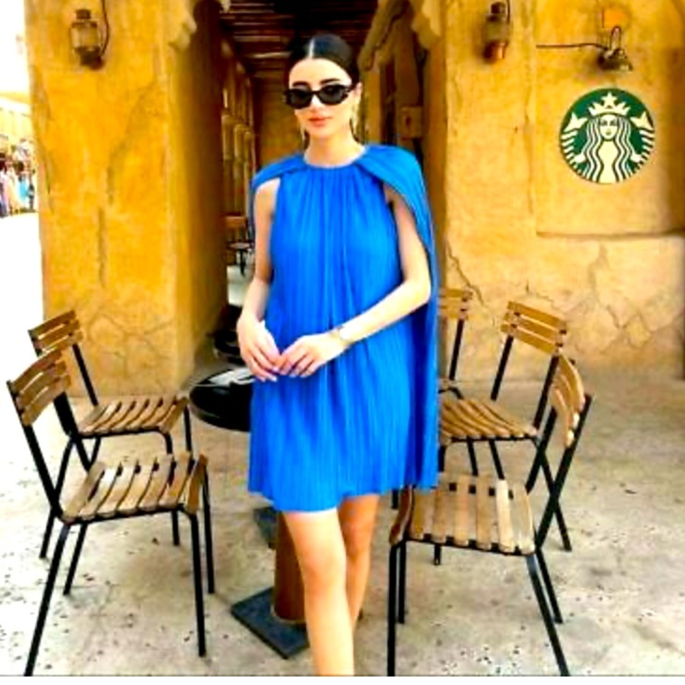NWT Zara Blue Pleated Draped Cape Dress Size Small S